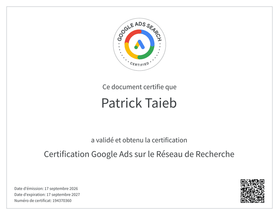 Certificat Certification Google Ads sur le Réseau de Recherche délivré à Patrick Taieb, numéro 194370360